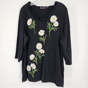 Black Daisy Embroidered Shirt Womens Large Floral Beaded 3/4 Sleeve Tunic Top